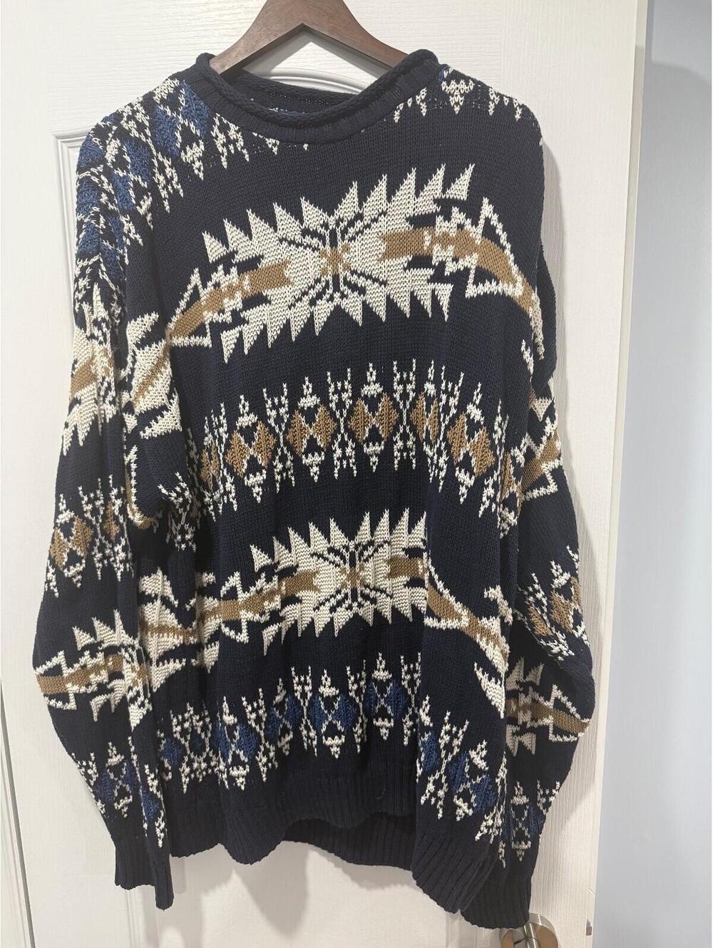 Vintage Chaps Ralph Lauren Fairisle Snowflake Knit Sweater XL Made in USA Navy